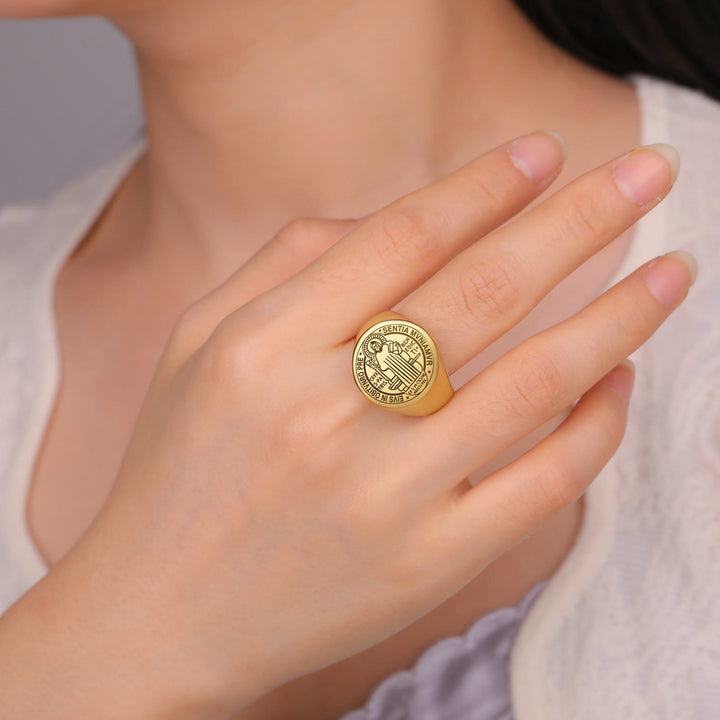 Christianartworkshop Retro-pop Style Engraved St. Benedict's Exorcism Medal Stainless Ring - image 7