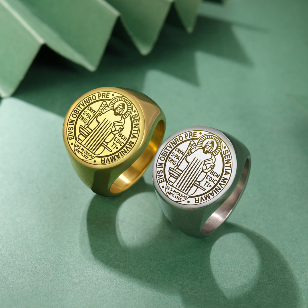 Christianartworkshop Retro-pop Style Engraved St. Benedict's Exorcism Medal Stainless Ring - Silver - US8 - image 1