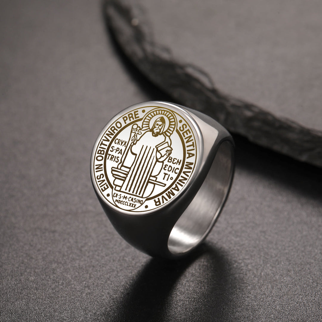 Christianartworkshop Retro-pop Style Engraved St. Benedict's Exorcism Medal Stainless Ring - image 3