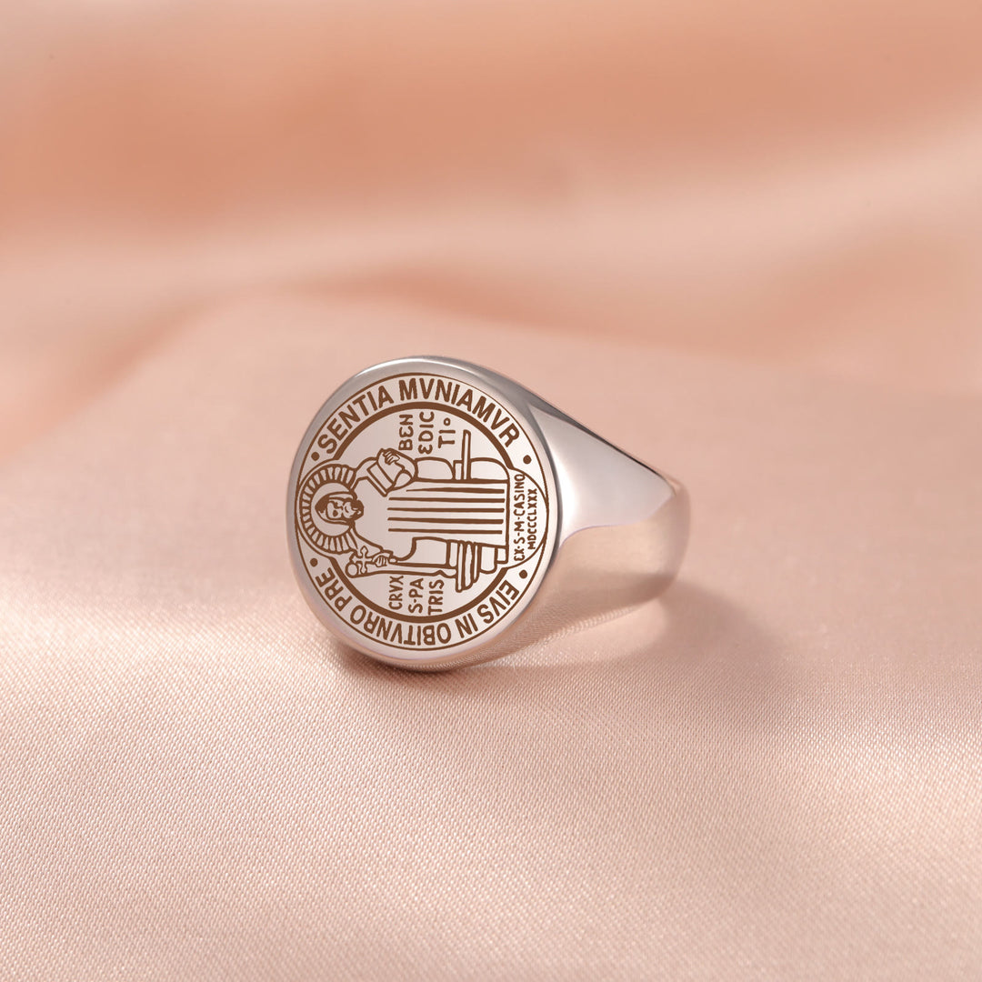 Christianartworkshop Retro-pop Style Engraved St. Benedict's Exorcism Medal Stainless Ring - image 4
