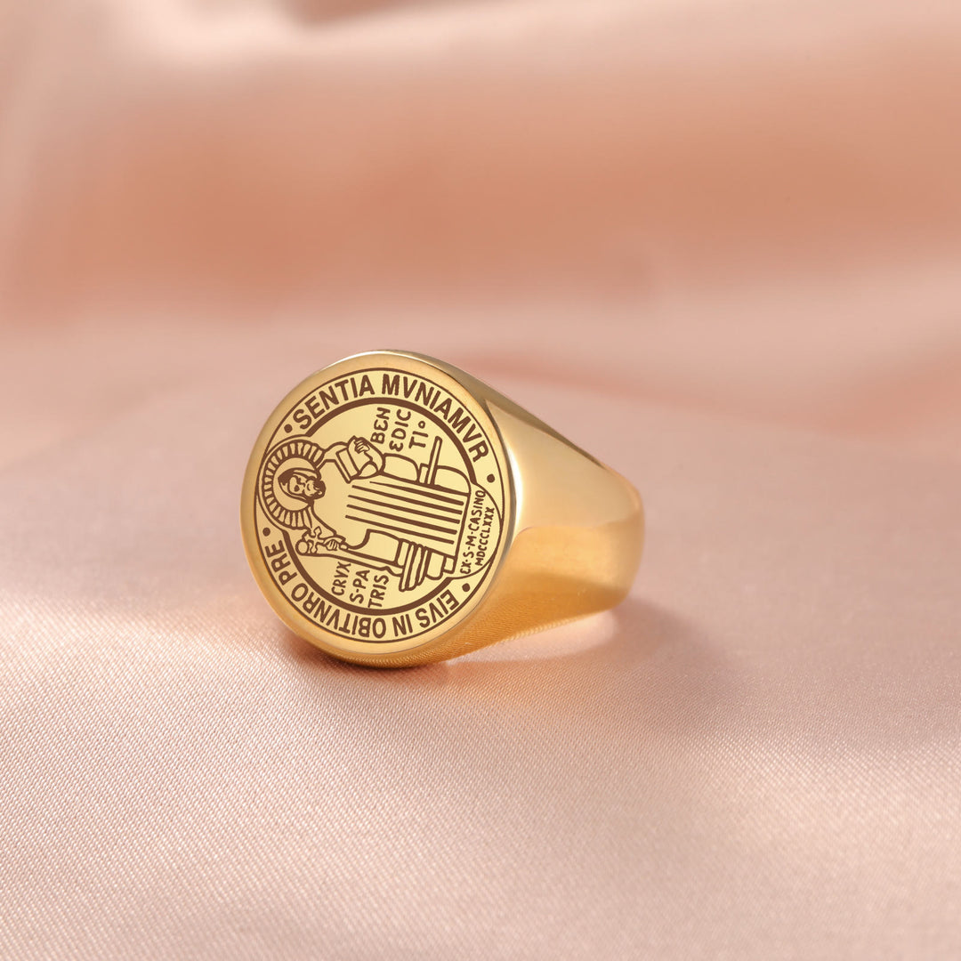 Christianartworkshop Retro-pop Style Engraved St. Benedict's Exorcism Medal Stainless Ring - Golden - US12 - image 5