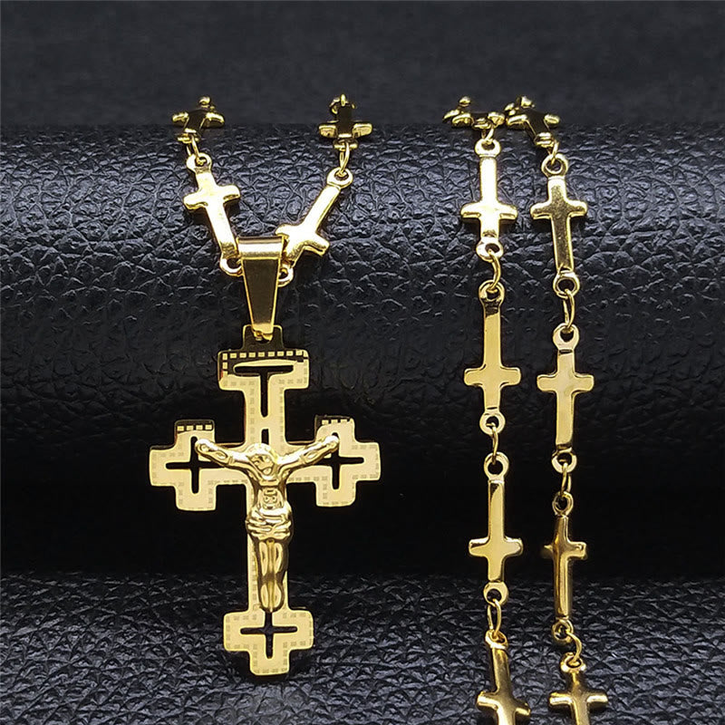 Christianartworkshop Retro Noble Style Crucifix with Cross Chain Pendant Necklace - Golden - image 1