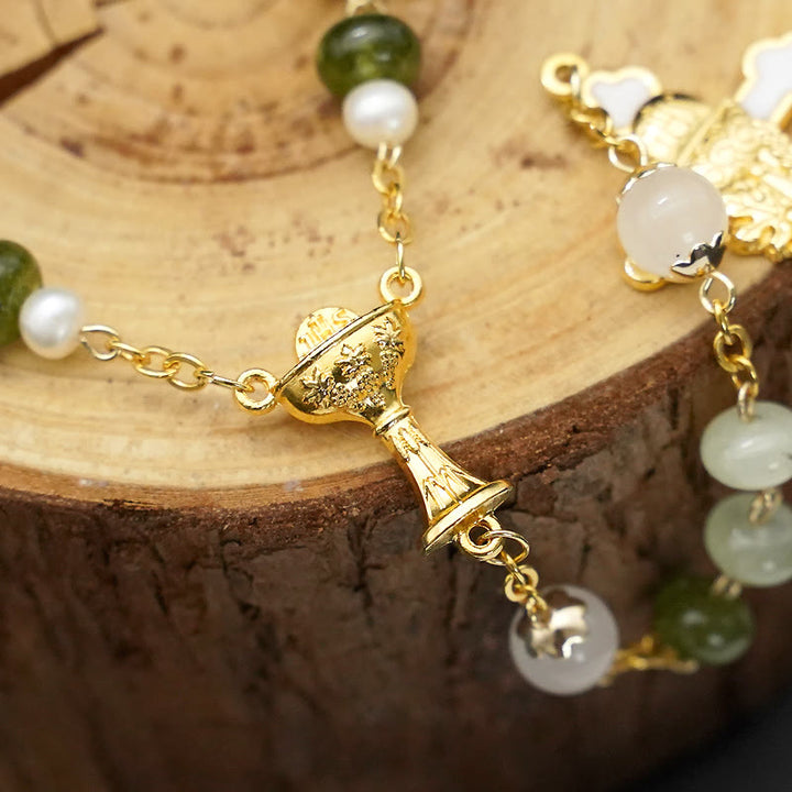 Christianartworkshop Holy Grail & Crucifix with Eucharistic of 5*8 mm Round Green Chalcedony Alloy Chain Rosary - image 6
