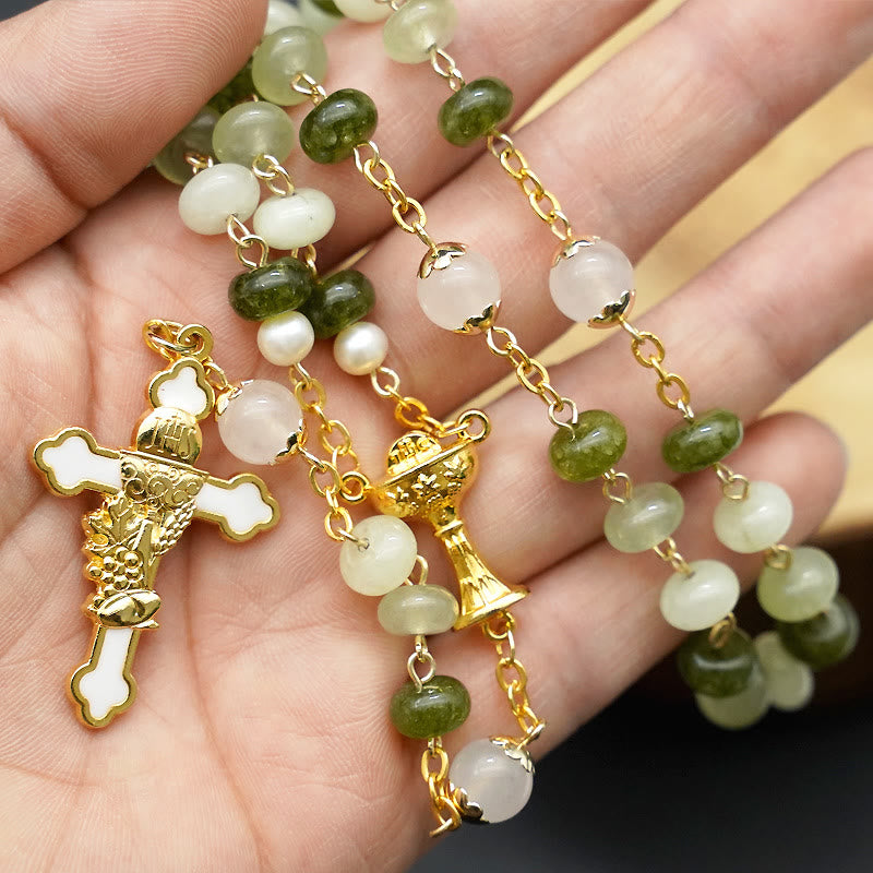 Christianartworkshop Holy Grail & Crucifix with Eucharistic of 5*8 mm Round Green Chalcedony Alloy Chain Rosary - image 4