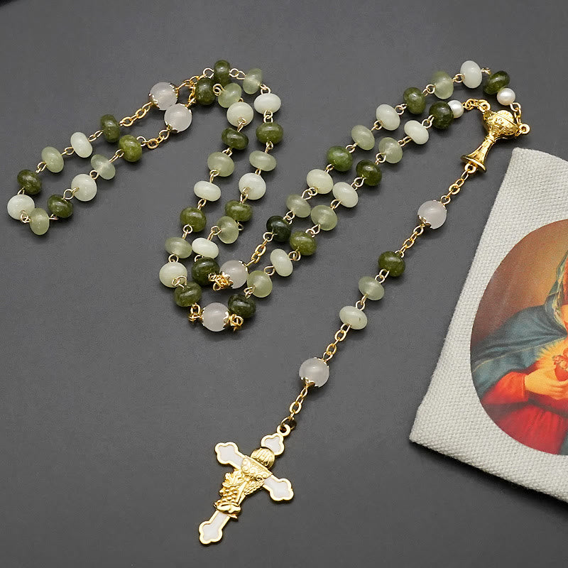 Christianartworkshop Holy Grail & Crucifix with Eucharistic of 5*8 mm Round Green Chalcedony Alloy Chain Rosary - image 2
