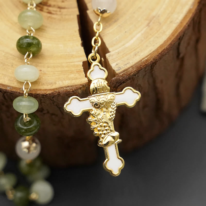 Christianartworkshop Holy Grail & Crucifix with Eucharistic of 5*8 mm Round Green Chalcedony Alloy Chain Rosary - image 7