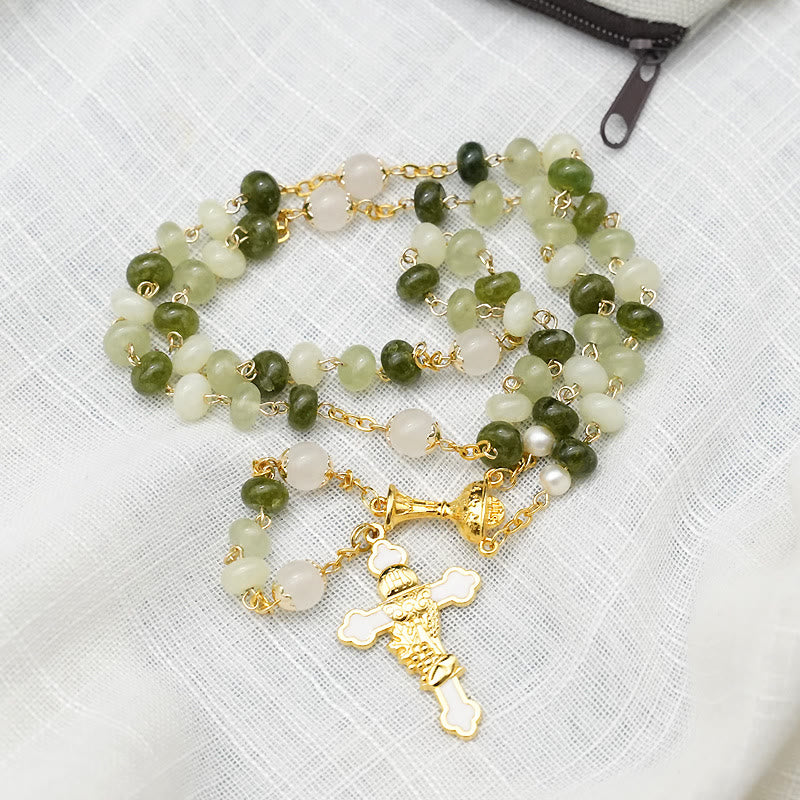 Christianartworkshop Holy Grail & Crucifix with Eucharistic of 5*8 mm Round Green Chalcedony Alloy Chain Rosary - image 5