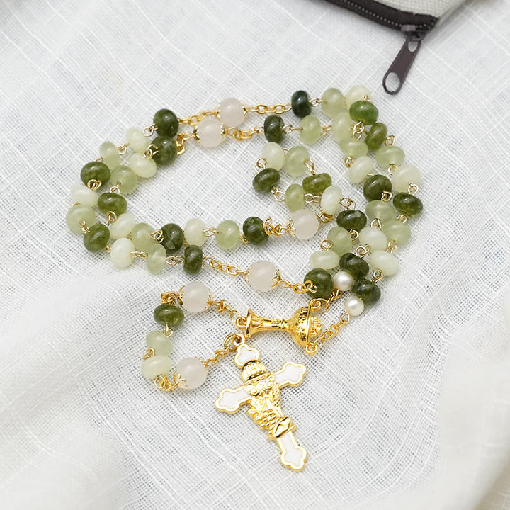 Christianartworkshop Holy Grail & Crucifix with Eucharistic of 5*8 mm Round Green Chalcedony Alloy Chain Rosary - image 5
