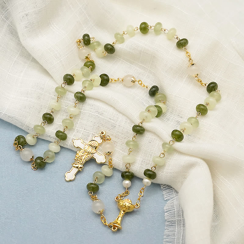 Christianartworkshop Holy Grail & Crucifix with Eucharistic of 5*8 mm Round Green Chalcedony Alloy Chain Rosary - image 3