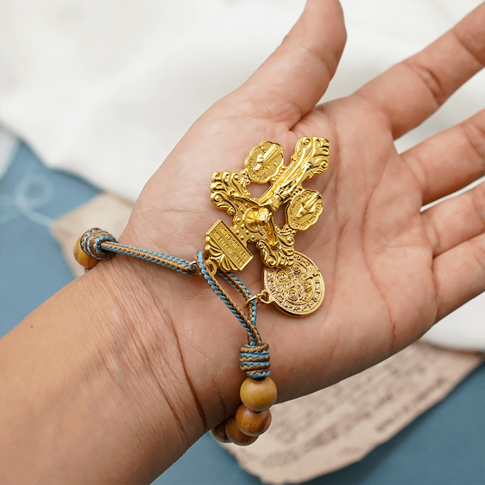 Christianartworkshop St. Benedict Medal & Crucifix of 10 mm Round Golden Olive Wood Nylon Cord Pocket Rosary - image 5
