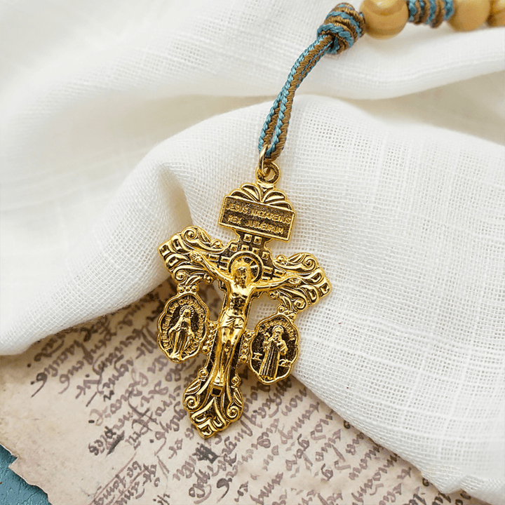 Christianartworkshop St. Benedict Medal & Crucifix of 10 mm Round Golden Olive Wood Nylon Cord Pocket Rosary - image 7