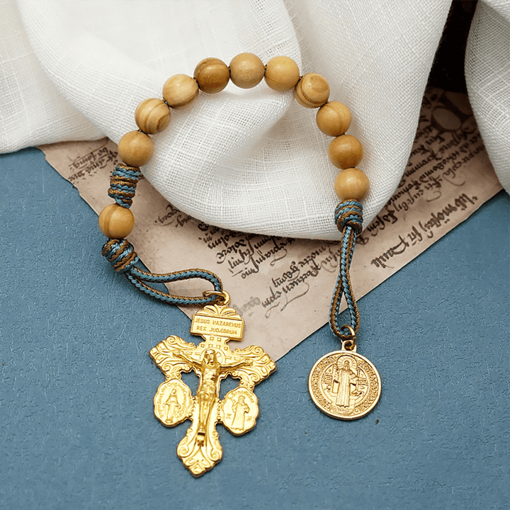 Christianartworkshop St. Benedict Medal & Crucifix of 10 mm Round Golden Olive Wood Nylon Cord Pocket Rosary - Golden - image 1
