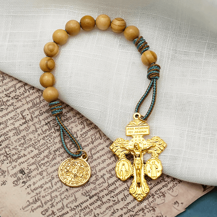 Christianartworkshop St. Benedict Medal & Crucifix of 10 mm Round Golden Olive Wood Nylon Cord Pocket Rosary - image 2