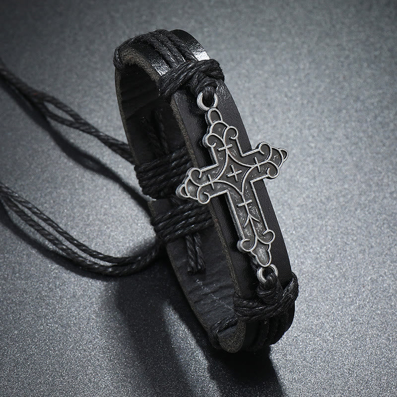 Christianartworkshop Old Crafted Style Cross Pendant Leather Drawstring Adjustable Faithful Bound Bracelet - Black - image 3