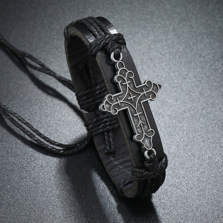 Christianartworkshop Old Crafted Style Cross Pendant Leather Drawstring Adjustable Faithful Bound Bracelet - Black - image 3
