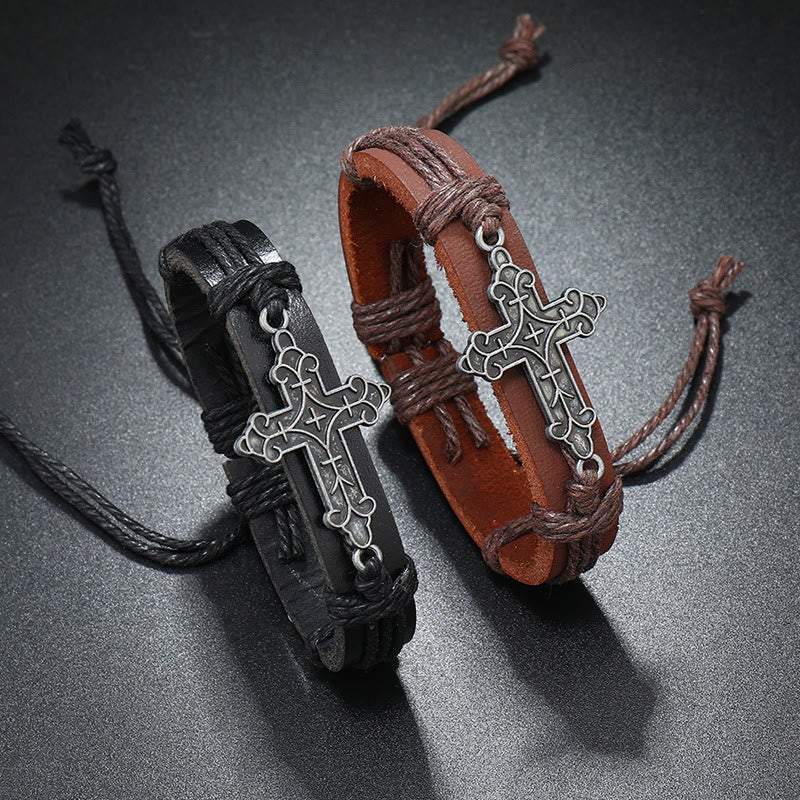 Christianartworkshop Old Crafted Style Cross Pendant Leather Drawstring Adjustable Faithful Bound Bracelet - image 1