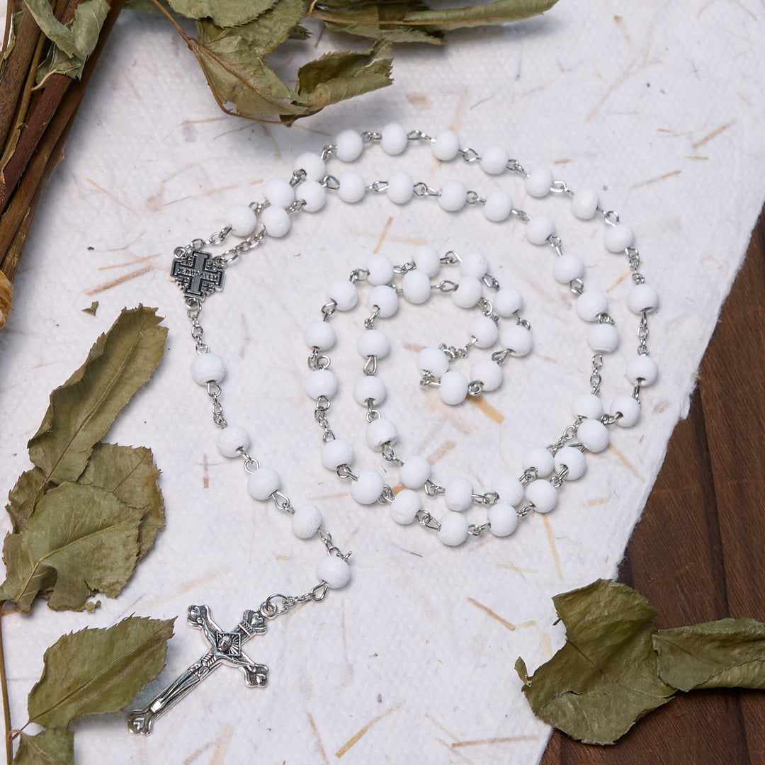 Christianartworkshop Jerusalem Medal & Crucifix of 7 mm Round White Rosewood Alloy Chain Rosary - image 6