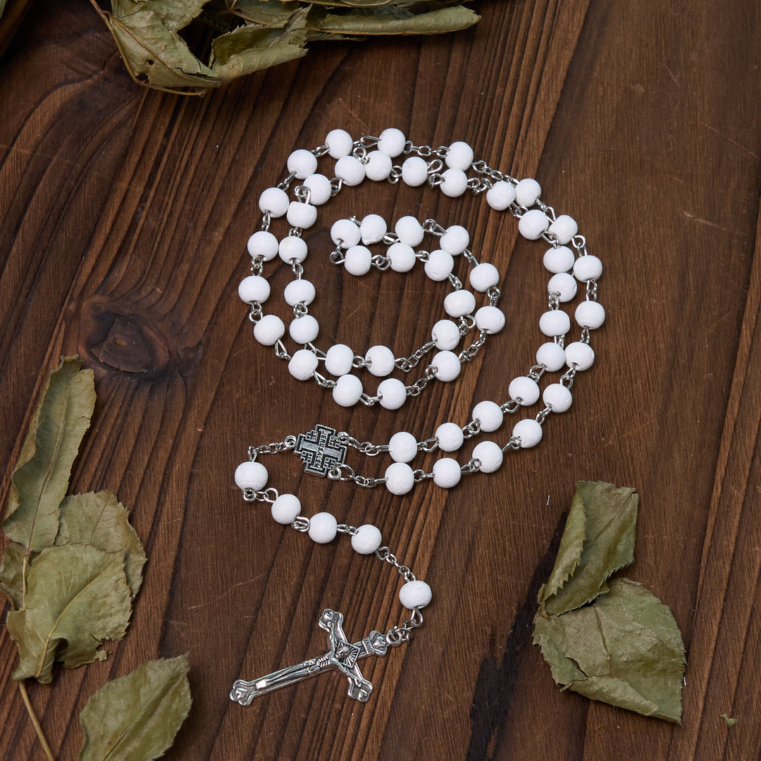 Christianartworkshop Jerusalem Medal & Crucifix of 7 mm Round White Rosewood Alloy Chain Rosary - image 15