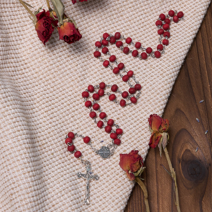 Christianartworkshop Jerusalem Medal & Crucifix of 7 mm Round White Rosewood Alloy Chain Rosary - Red - image 1