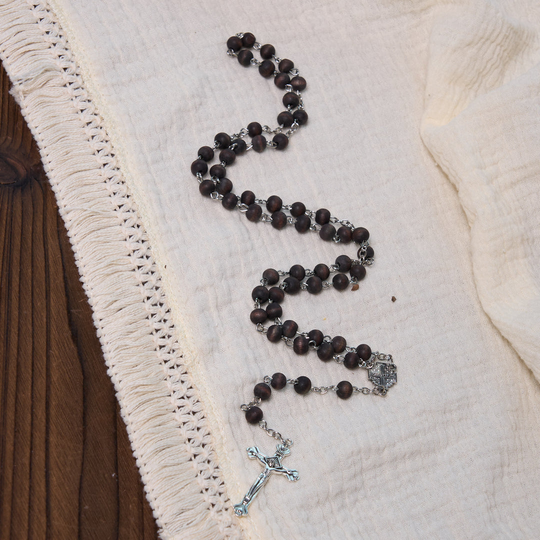 Christianartworkshop Jerusalem Medal & Crucifix of 7 mm Round White Rosewood Alloy Chain Rosary - image 9