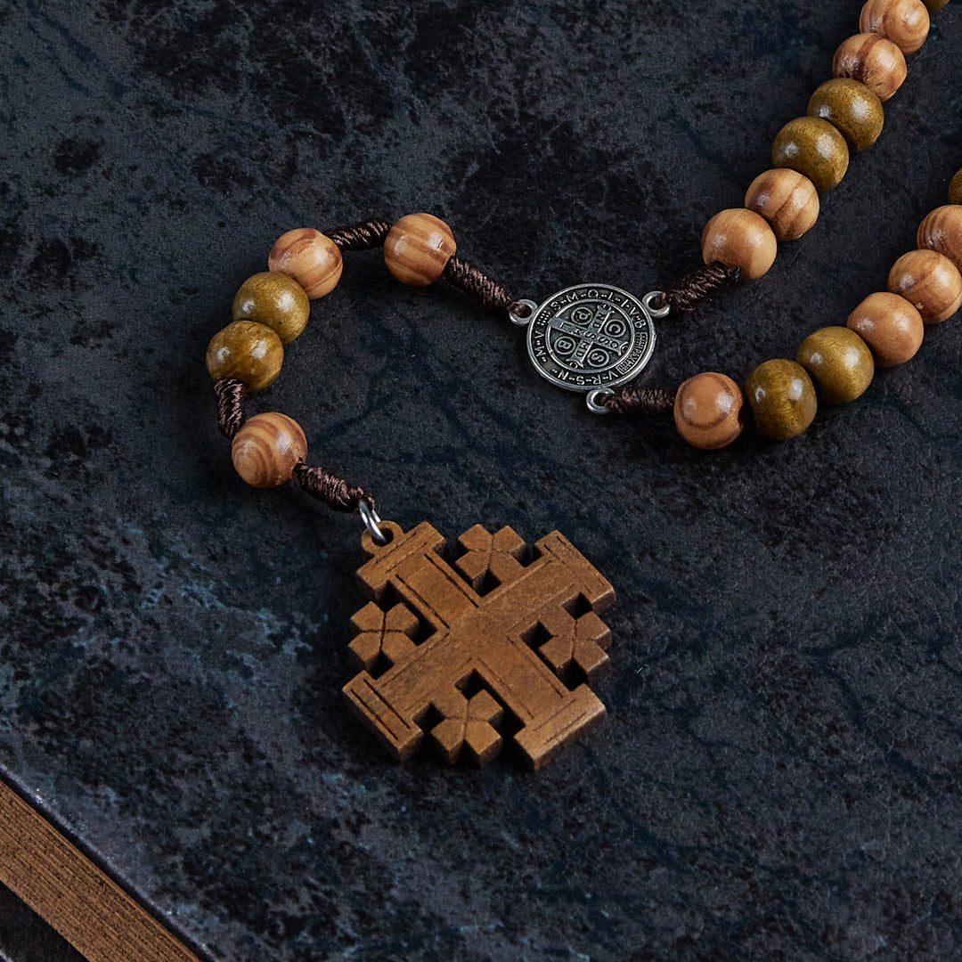 Christianartworkshop St. Benedict Medal & Jerusalem of 10 mm Round Brown Wood Nylon Cord Rosary - image 5