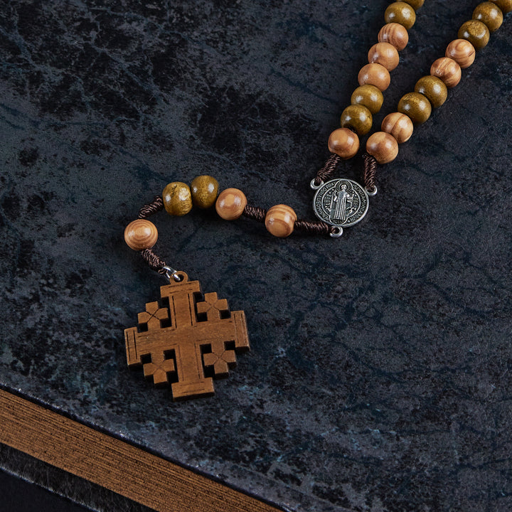 Christianartworkshop St. Benedict Medal & Jerusalem of 10 mm Round Brown Wood Nylon Cord Rosary - image 6
