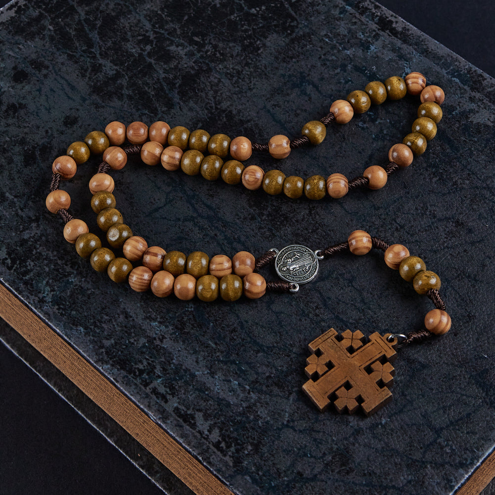 Christianartworkshop St. Benedict Medal & Jerusalem of 10 mm Round Brown Wood Nylon Cord Rosary - image 2