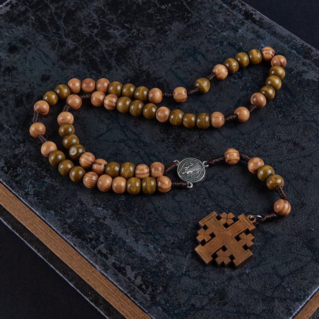 Christianartworkshop St. Benedict Medal & Jerusalem of 10 mm Round Brown Wood Nylon Cord Rosary - image 2