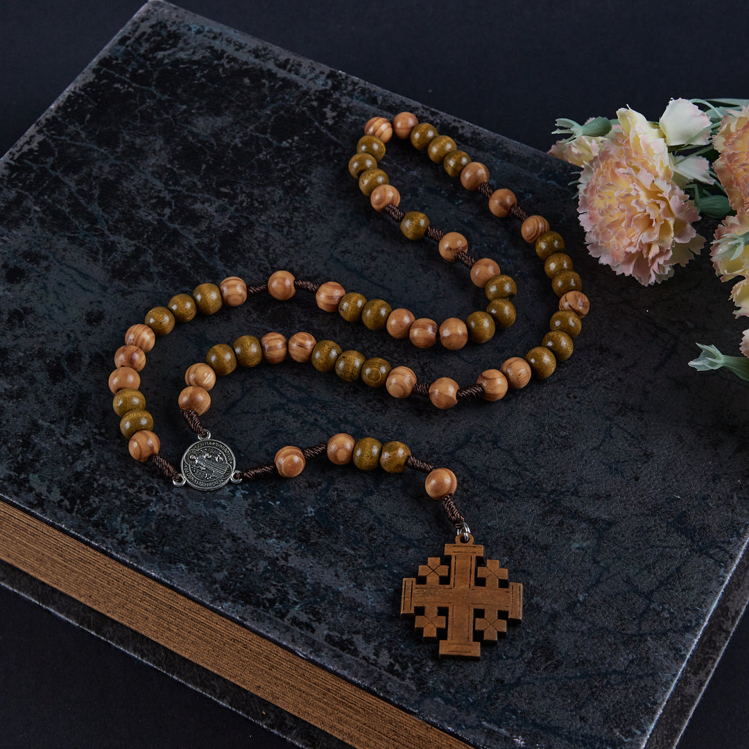 Christianartworkshop St. Benedict Medal & Jerusalem of 10 mm Round Brown Wood Nylon Cord Rosary - Brown - image 1