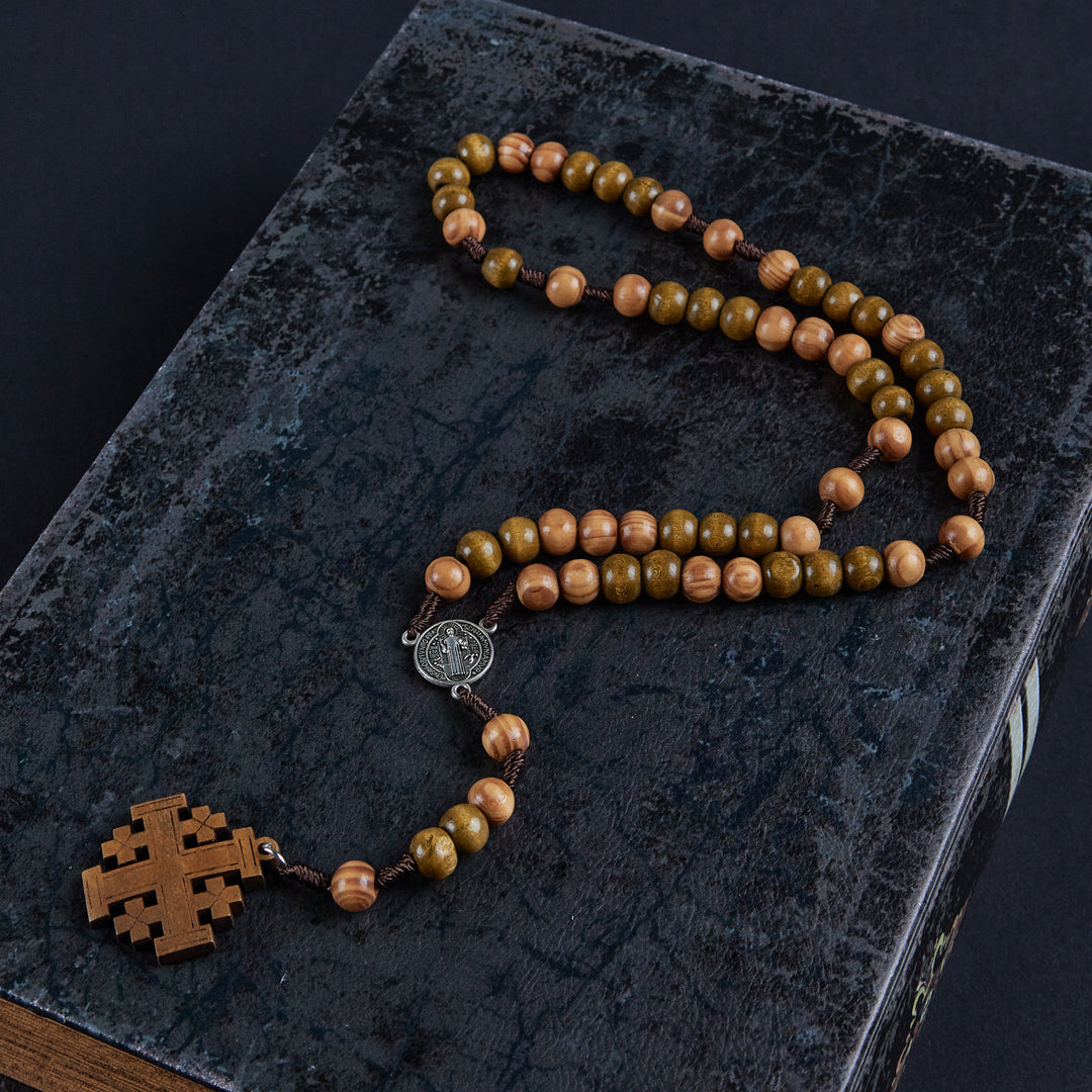 Christianartworkshop St. Benedict Medal & Jerusalem of 10 mm Round Brown Wood Nylon Cord Rosary - image 4
