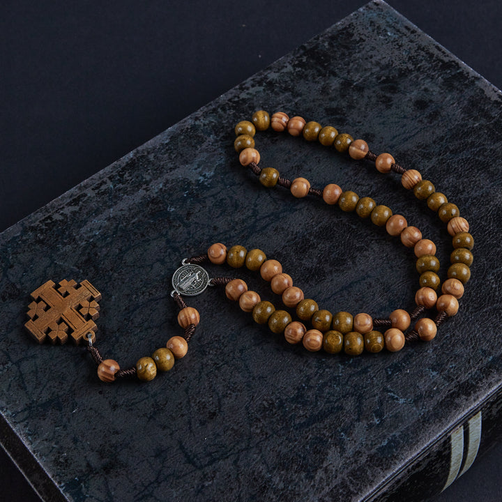 Christianartworkshop St. Benedict Medal & Jerusalem of 10 mm Round Brown Wood Nylon Cord Rosary - image 3