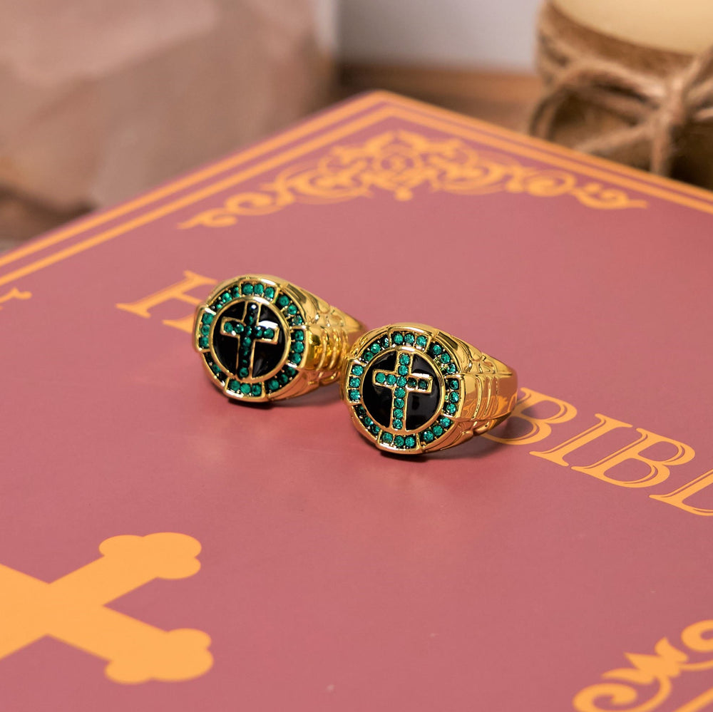 Christianartworkshop Retro Style Green Gemstones Cross Golden Alloy Ring - image 2