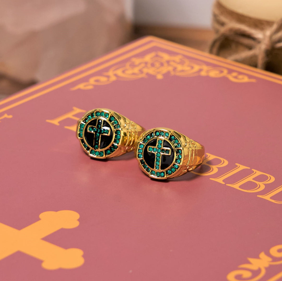 Christianartworkshop Retro Style Green Gemstones Cross Golden Alloy Ring - image 2