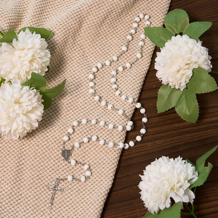 Christianartworkshop Jerusalem Medal & Crucifix of 7 mm Round White Rosewood Alloy Chain Rosary - image 11