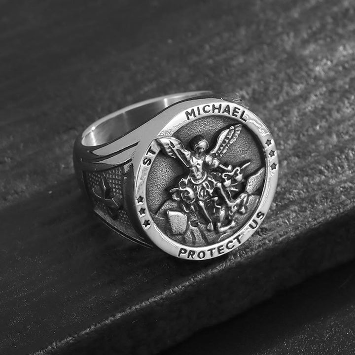 Christianartworkshop Classic Style Michael The Archangel Protect Us Devine Faith Ring