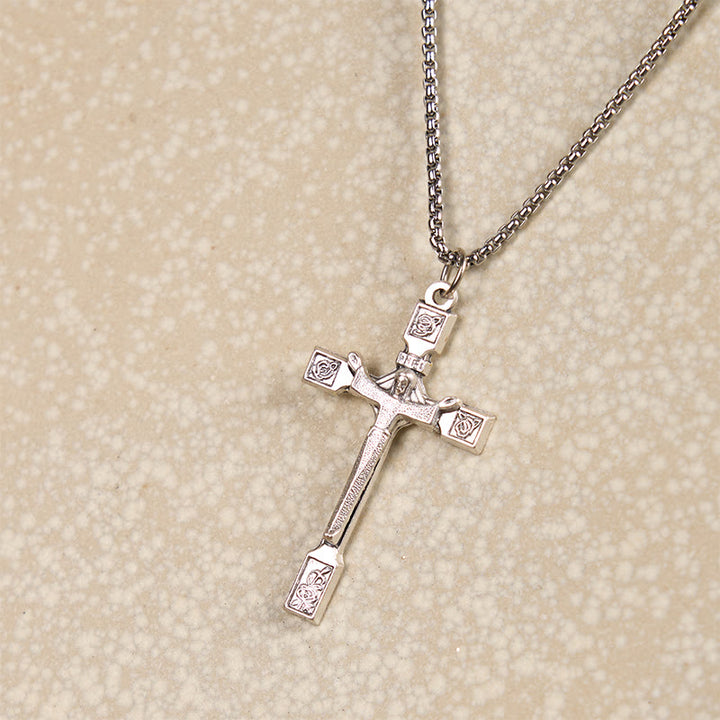 Christianartworkshop Minimalist Exclusive Craft Jesus Crucifix with Roses Pendant Necklace