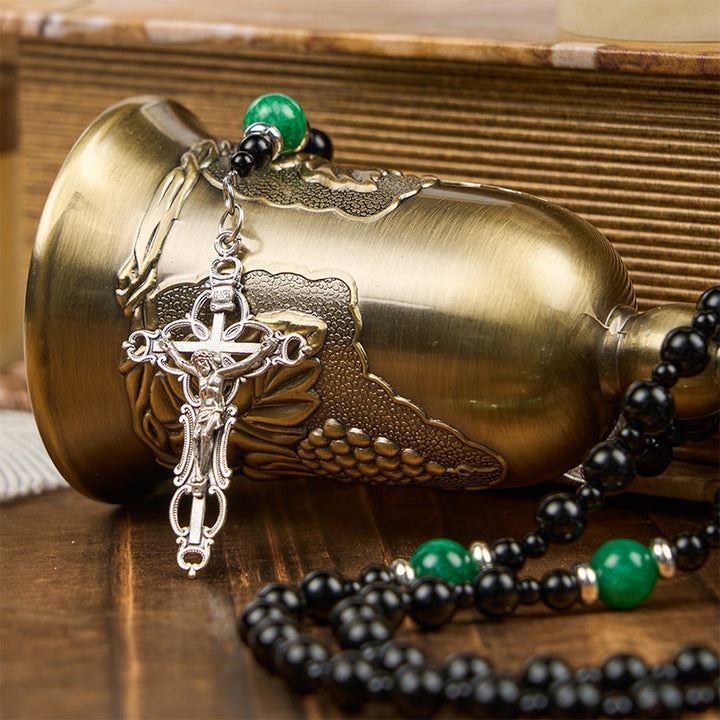 Christianartworkshop St. Benedict & Crucifix of 8mm Obsidian & Jade Handmade Bead Rosary - Faith and Sacred Connection - Obsidian & Jade - image 1