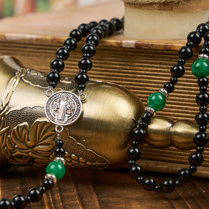 Christianartworkshop St. Benedict & Crucifix of 8mm Obsidian & Jade Handmade Bead Rosary - Faith and Sacred Connection - image 8