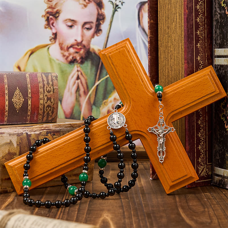 Christianartworkshop St. Benedict & Crucifix of 8mm Obsidian & Jade Handmade Bead Rosary - Faith and Sacred Connection - image 10