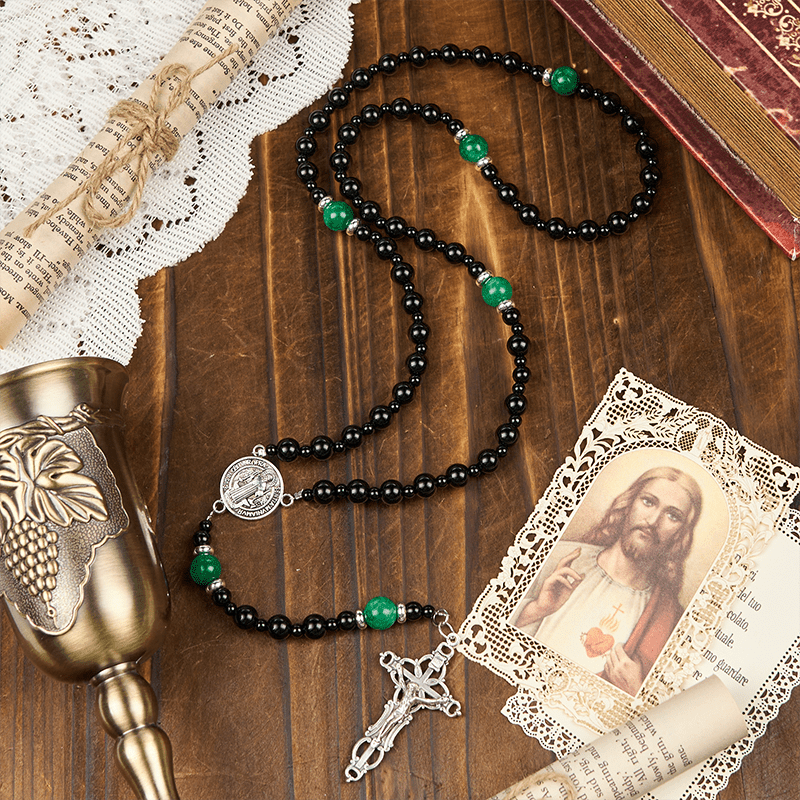 Christianartworkshop St. Benedict & Crucifix of 8mm Obsidian & Jade Handmade Bead Rosary - Faith and Sacred Connection - image 7