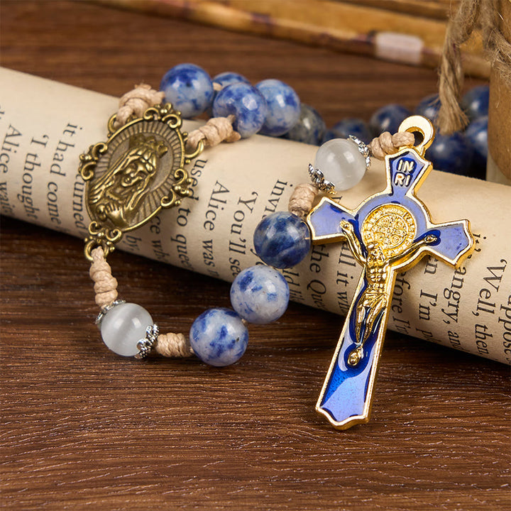 Christianartworkshop Immaculate Heart of Mary & Crucifix of 8 mm Round Blue Stone Nylon Cord Rosary - image 8