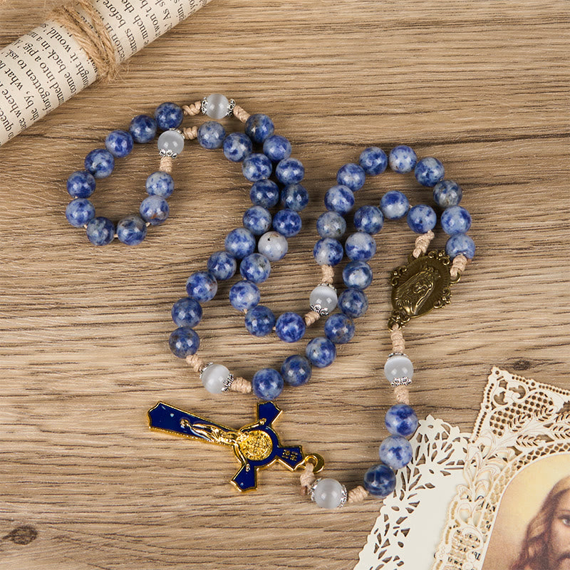 Christianartworkshop Immaculate Heart of Mary & Crucifix of 8 mm Round Blue Stone Nylon Cord Rosary - Immaculate Heart of Mary & Crucifix - image 0