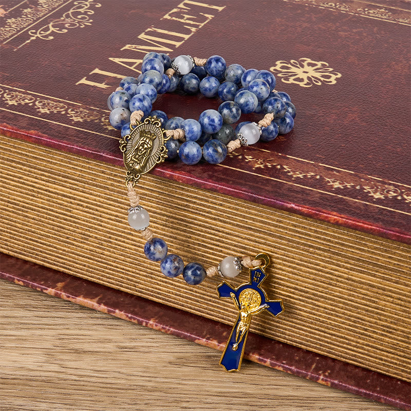 Christianartworkshop Immaculate Heart of Mary & Crucifix of 8 mm Round Blue Stone Nylon Cord Rosary - image 5