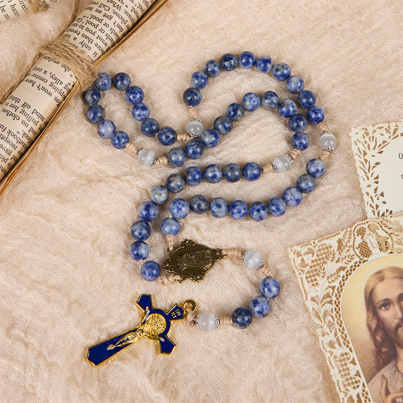 Christianartworkshop Immaculate Heart of Mary & Crucifix of 8 mm Round Blue Stone Nylon Cord Rosary - image 1
