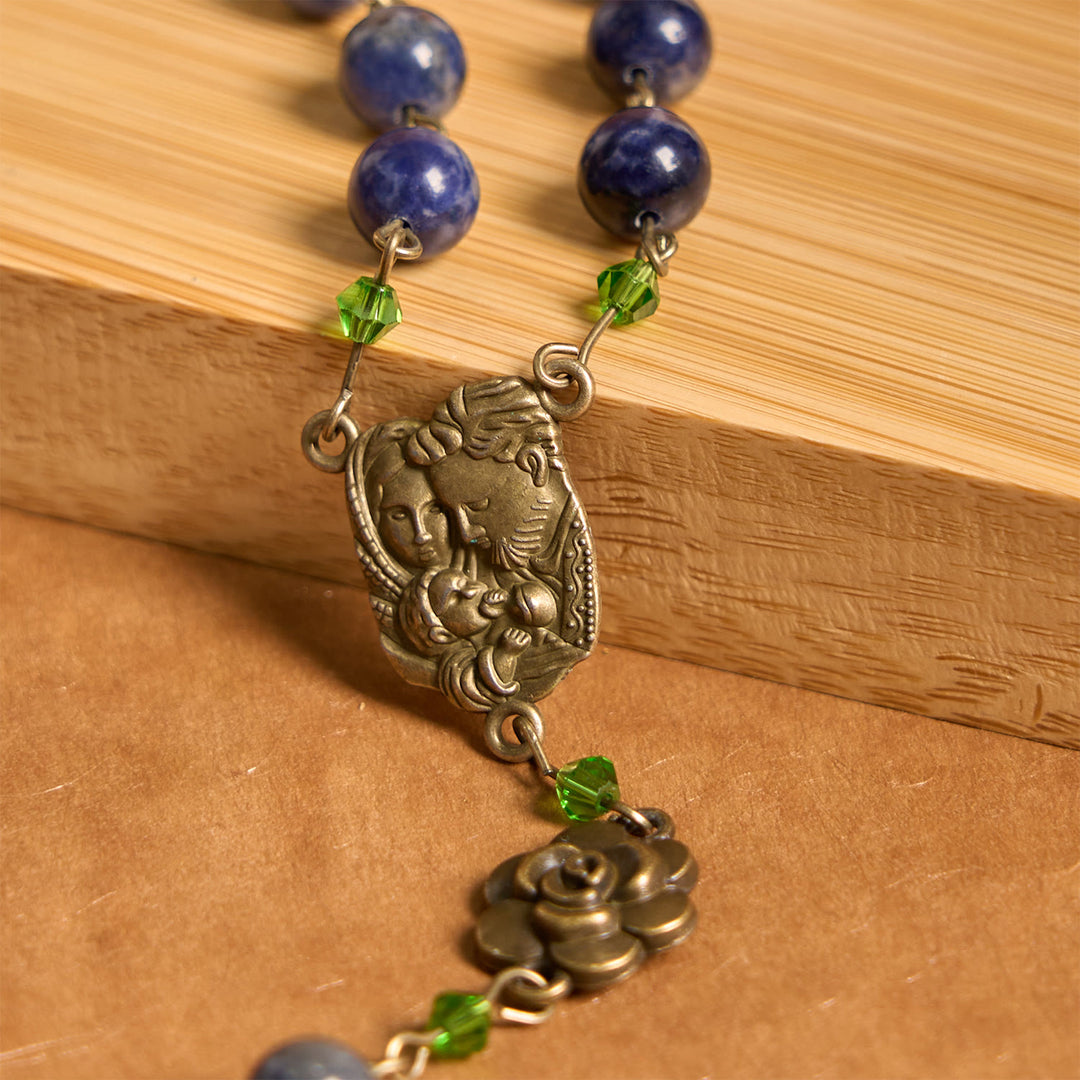 Christianartworkshop Handmade Rosary with Lapis Beads and Floral Medallion – A Divine Reflection of Family and Faith