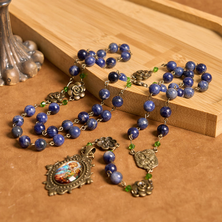 Christianartworkshop Handmade Rosary with Lapis Beads and Floral Medallion – A Divine Reflection of Family and Faith