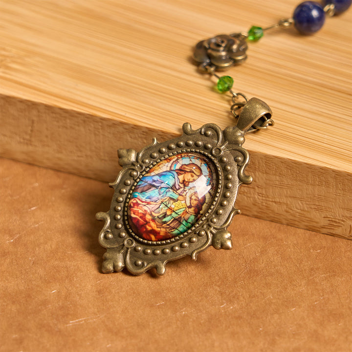 Christianartworkshop Handmade Rosary with Lapis Beads and Floral Medallion – A Divine Reflection of Family and Faith