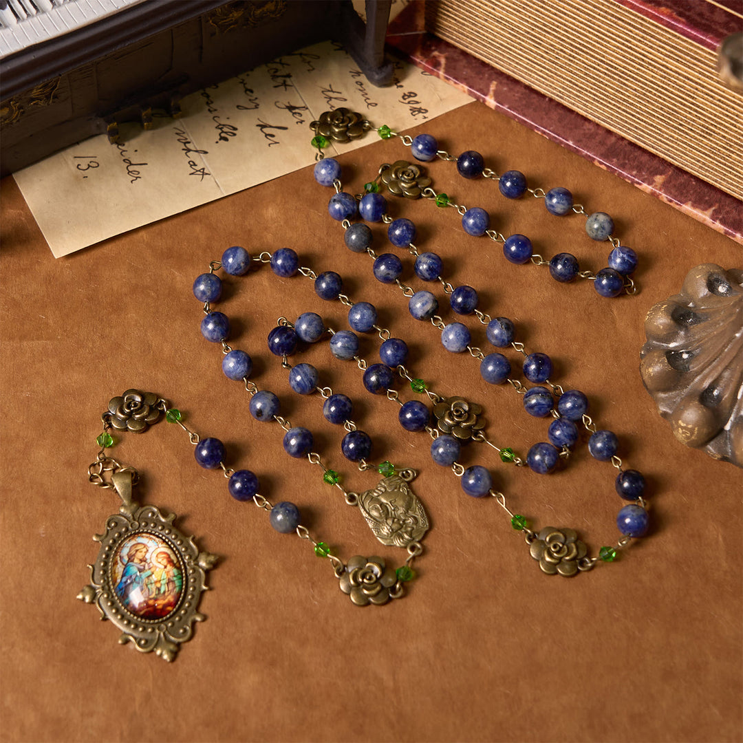 Christianartworkshop Handmade Rosary with Lapis Beads and Floral Medallion – A Divine Reflection of Family and Faith