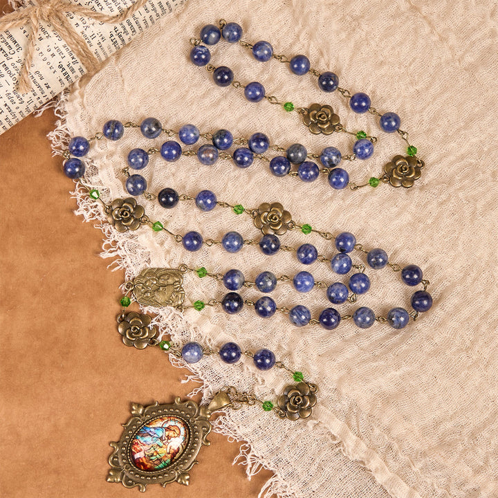 Christianartworkshop Handmade Rosary with Lapis Beads and Floral Medallion – A Divine Reflection of Family and Faith