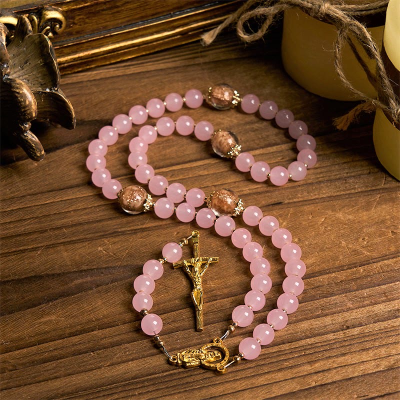 Christianartworkshop PRAYERFUL FAITH: Handmade Pink Chalcedony & Porcelain Golden Sand Beads Rosary - image 4